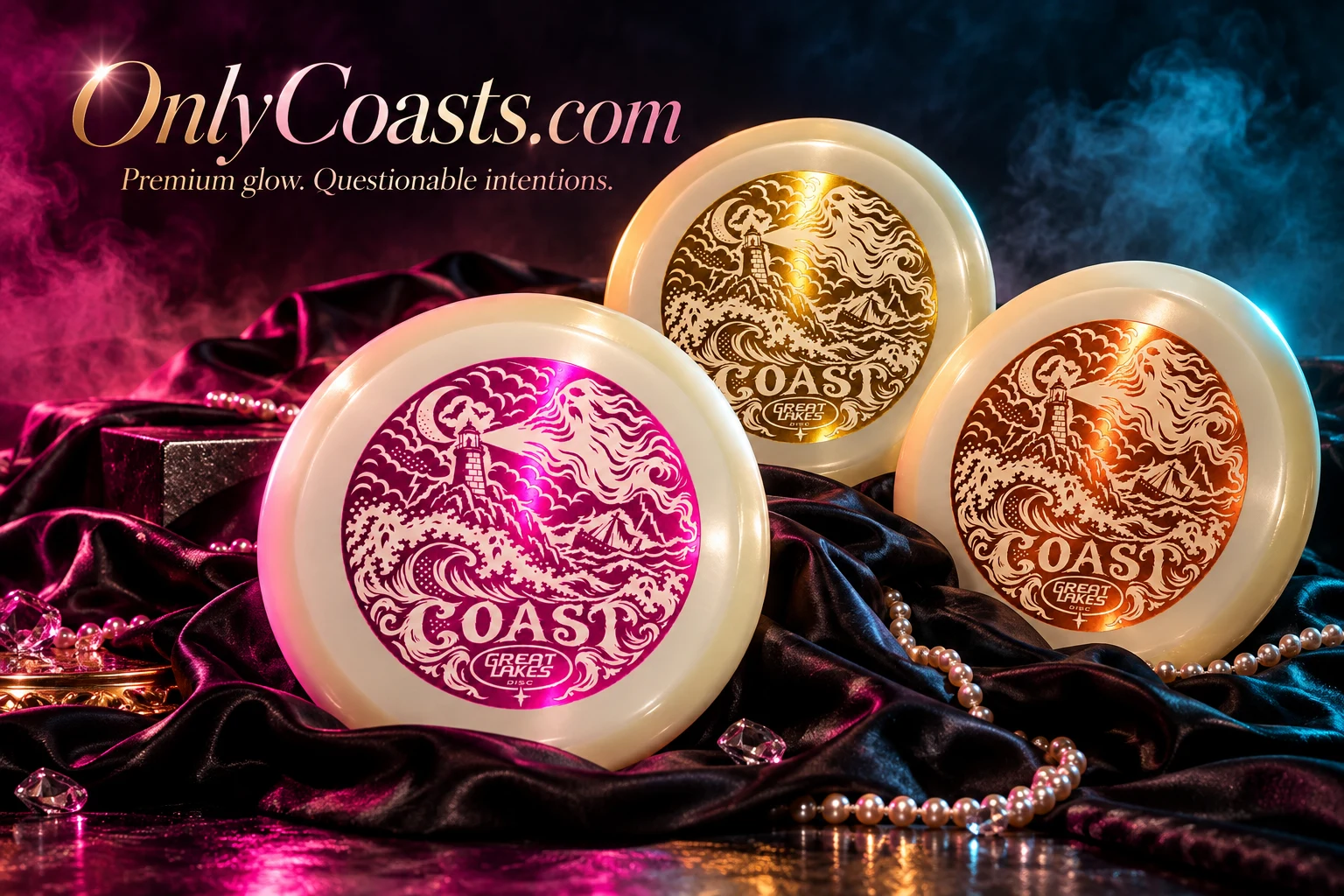 Pink, gold and copper Ghost Coast discs posing on black satin with pearls