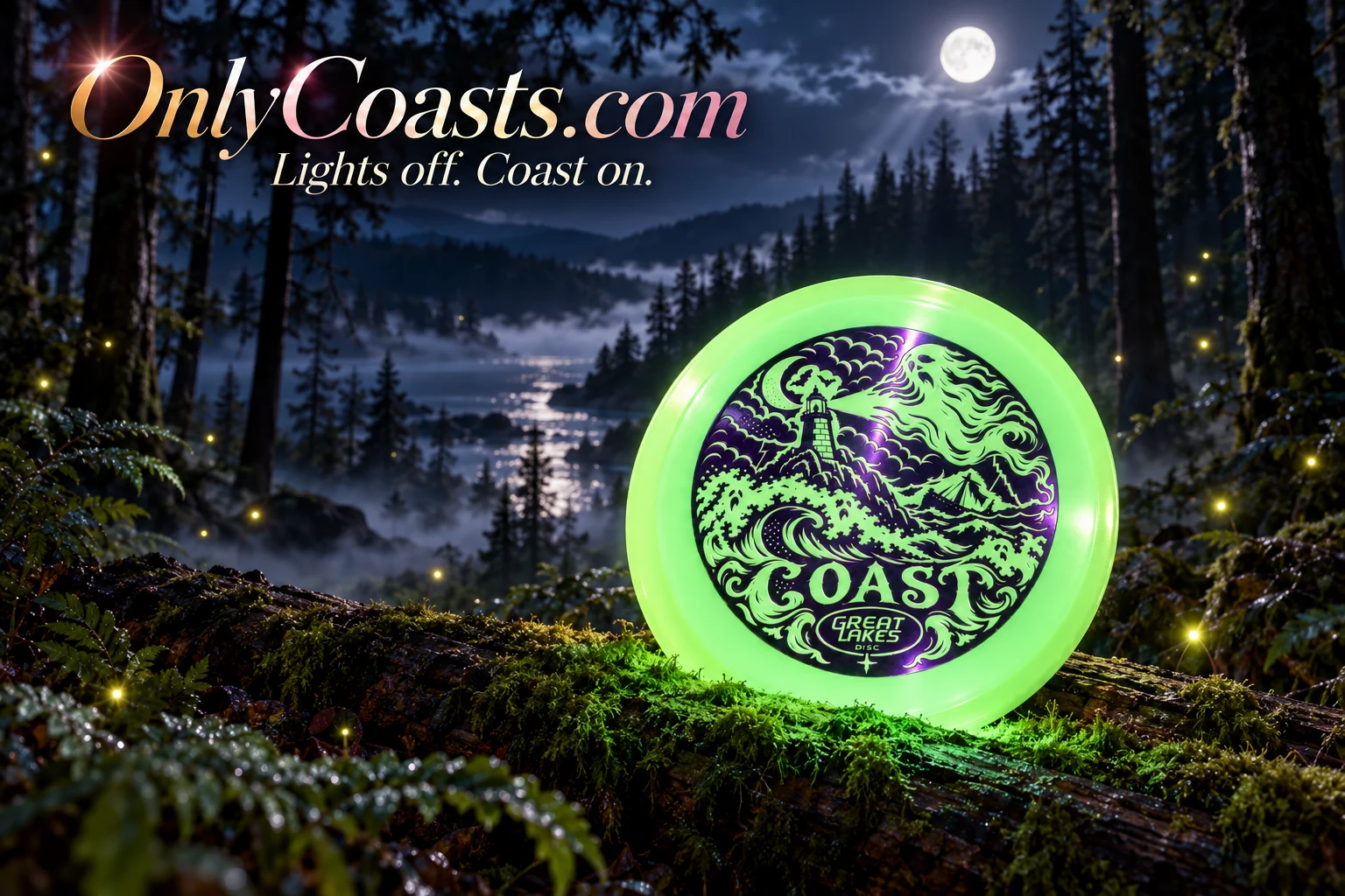 A luminous green Ghost Coast disc in a moonlit forest